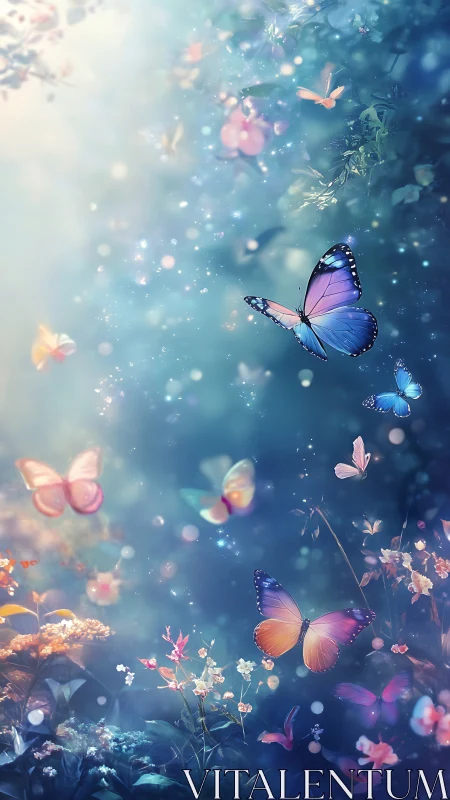Dreamlit butterfly meadow drifting in soft twilight glow.
