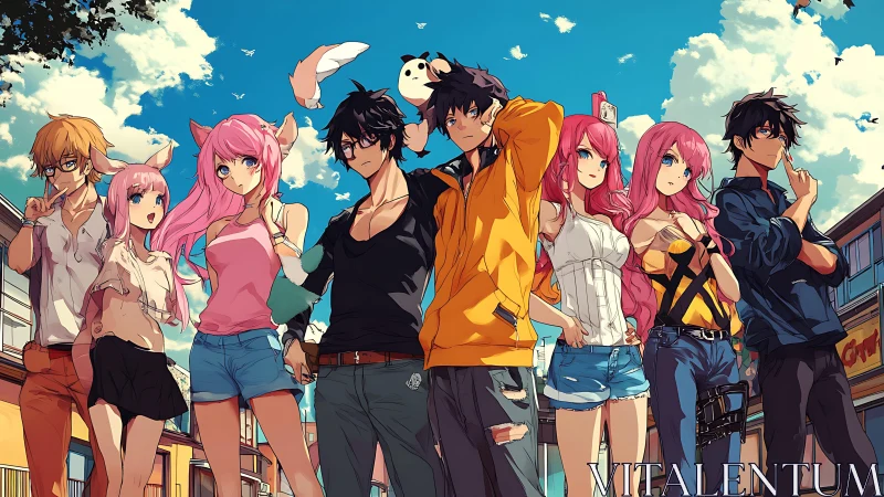 Urban anime group stands under vivid blue summer sky