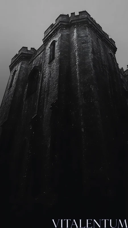 Stone fortress corner under overcast sky in low light tone.