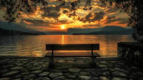 Bench-centered lacustrine sunset under dramatic cloud optics.