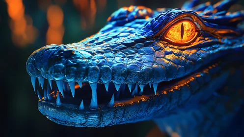 Close view of blue reptilian head with illuminated eye detail.