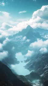 Glacial mountain lake lies in a dreamlike turquoise haze