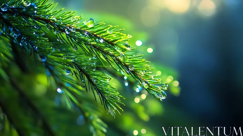 Pine needles shimmer under dewdrops in soft morning light.