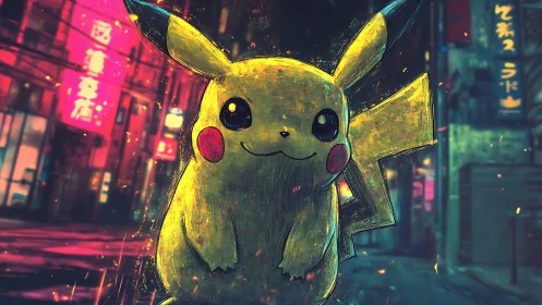 Neon-lit electric mouse character in moody urban alleyway.