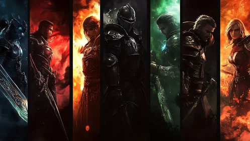 Elemental fantasy heroes aligned in vertical battle banners.