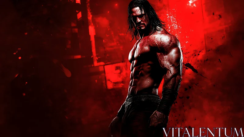 Muscular warrior rendered against high-contrast crimson void