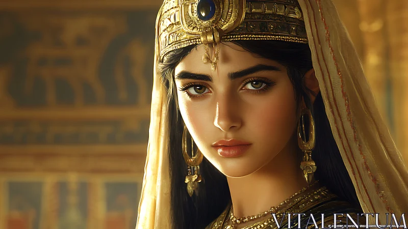 Regal young queen gazes calmly in warm golden palace light