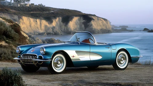 Sea-breeze blue roadster lingers where cliffs meet horizon