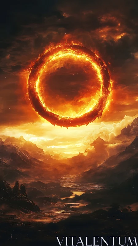 Luminous Ring Portal: Incandescent Circular Aperture Against Turbulent Inferno Sky
