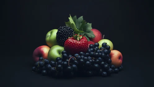 Low-key still life isolates mixed fruit with controlled rim lighting