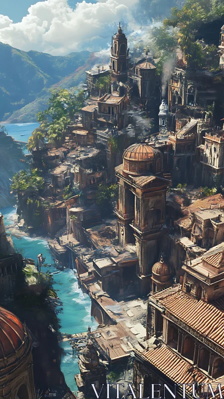 Terraced river settlement with worn classical architecture.