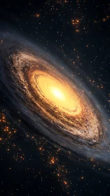 Oblique spiral galaxy core in high-luminance stellar field.