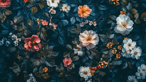 Floral Garden with Layered Blossoms and Deep Teal Foliage