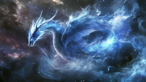 Celestial ice dragon coils through luminous nebula storm