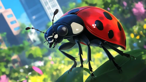 Macro ladybug study over city park foliage. Period.