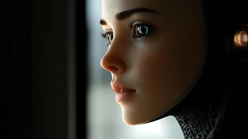 Soft-lit android portrait contemplates an unseen future horizon