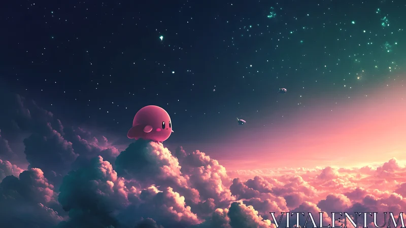 Pink round character on cloud under starry twilight sky.