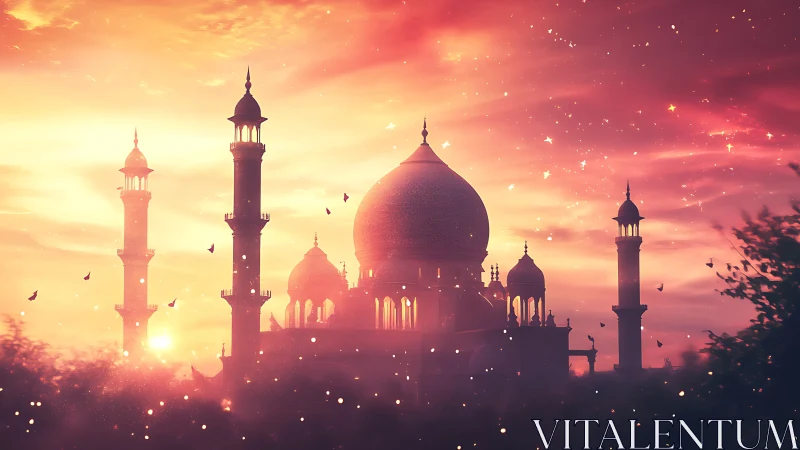 Celestial dusk mosque bathed in ember-kissed starlight glow.