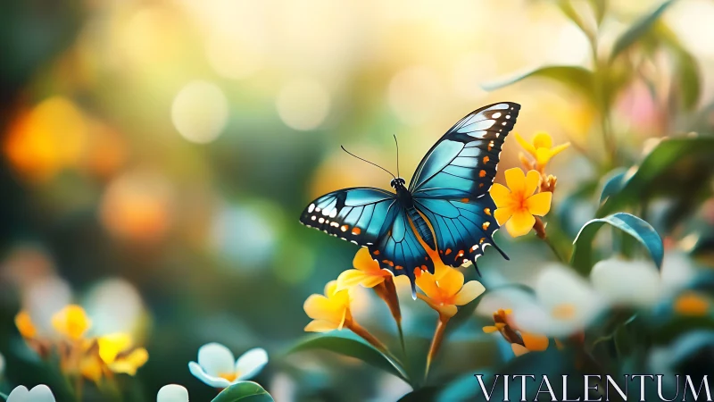 Iridescent blue butterfly resting among glowing blossoms.