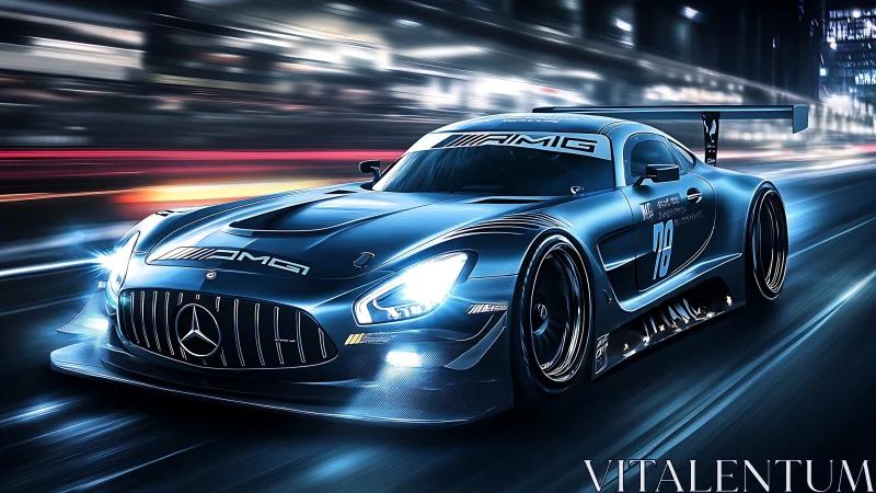 Sleek blue AMG race car surges through a glowing night city