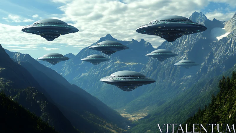UFO fleet hovers over deep green alpine mountain valley.