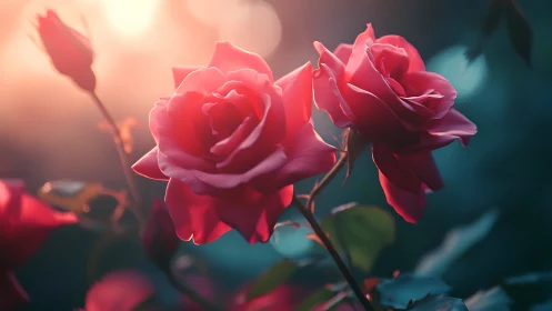 Red Roses with Backlighting in Soft Focus Garden Setting