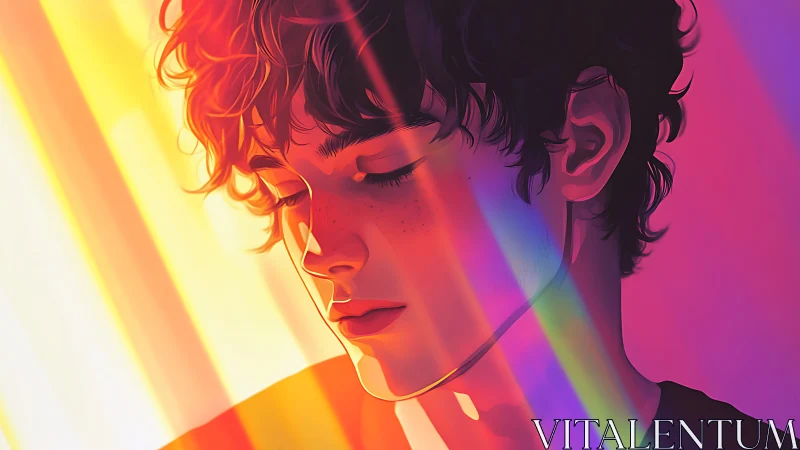 Soft-eyed dreamer leans into cascading neon sunbeams