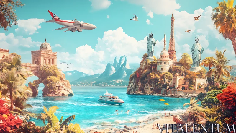 Surreal tropical bay with global landmarks and airplane