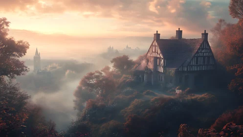 Timber-framed hillside house above misty valley at dawn.