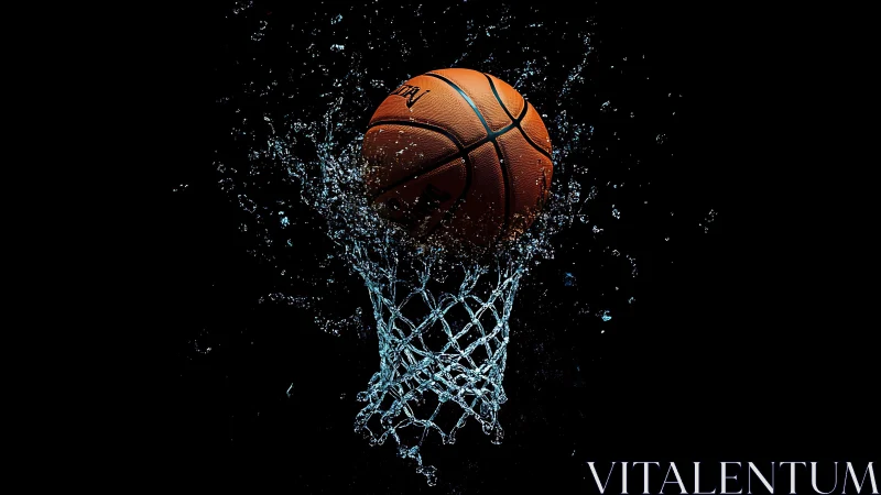 Basketball splashes through a liquid hoop in dramatic focus