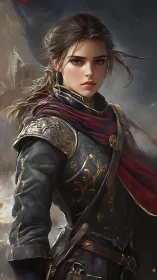 Young warrior in gilded armor wrapped in crimson resolve.