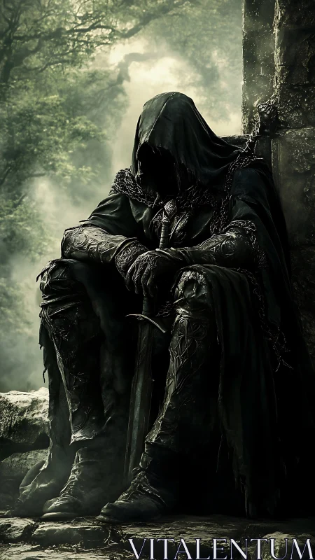 Hooded dark ranger broods with sword in a misty forest ruin