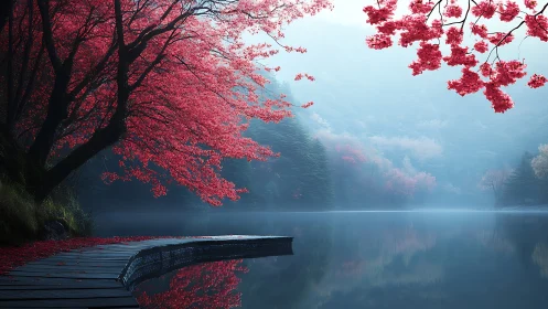 Crimson lakeside trees welcoming a quiet morning mist.