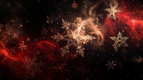 Starborn snowflakes drift through ember-tinted cosmic night.
