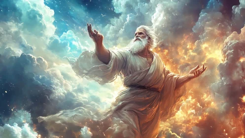 Sky-borne elder summons light between stormborn heavens.