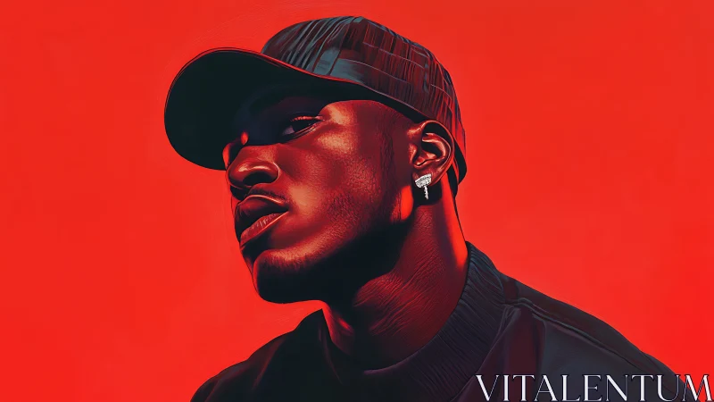 Side-profile digital portrait against uniform red backdrop.