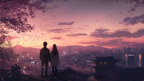 Two figures observe a twilight cityscape under scattered petals