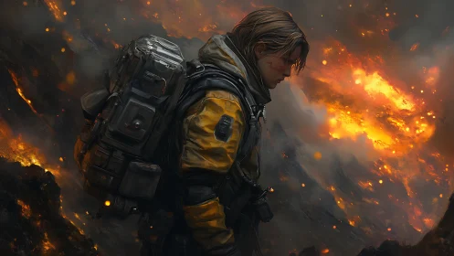 Lone spaceranger amid inferno, burdened by heavy pack.