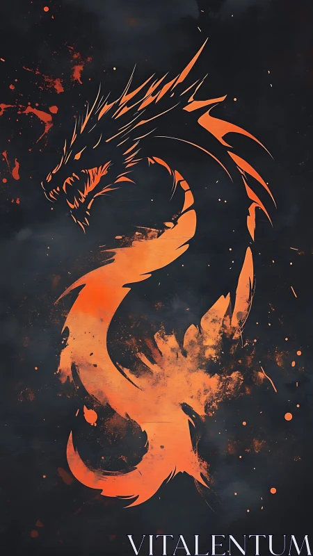Abstract orange dragon silhouette on dark textured field.