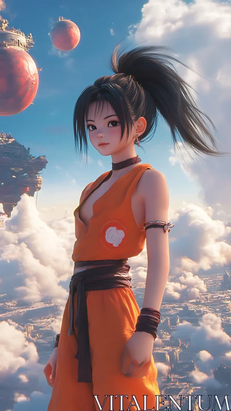 Skyward warrior girl amid floating crimson orbs.