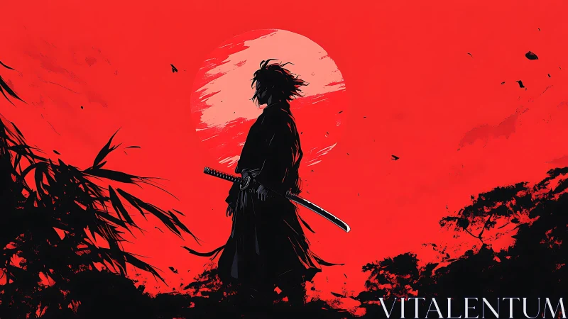 Lone samurai sketches silence across a burning red sky