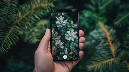 Smartphone camera capturing evergreen tree branches close-up.