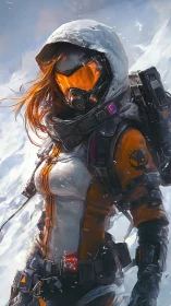 Storm-bright explorer strides through a frozen frontier.