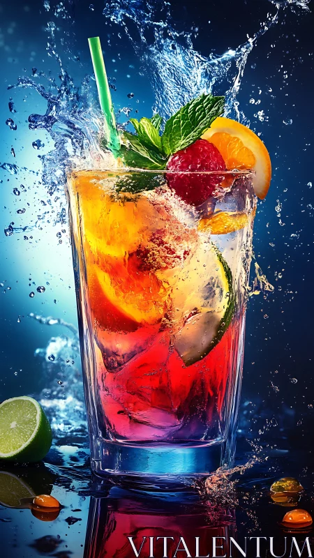 Tropical Beverage with Citrus, Berries, and Dynamic Water Splash.