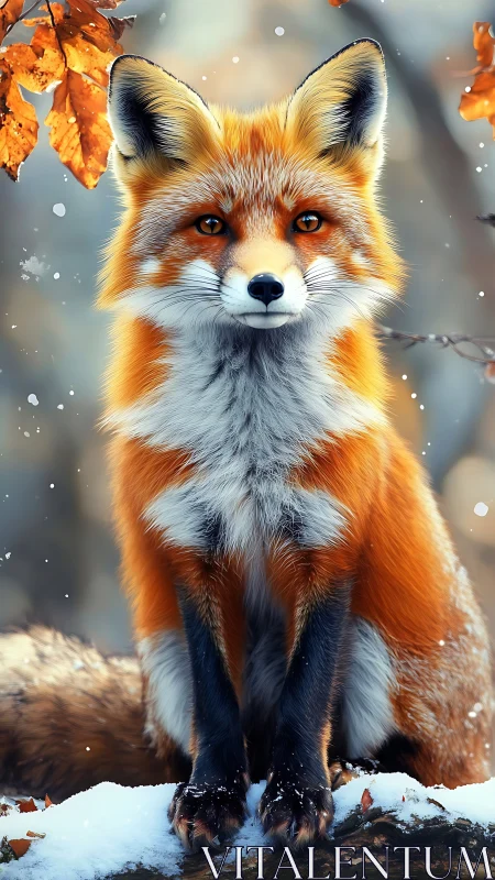 Digital painting of red fox in snowy autumn woodland portrait.