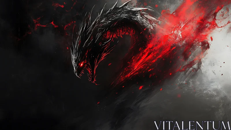 Digital painting of infernal dragon burst in diagonal motion.