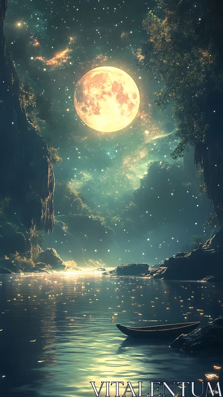 Luminous moonlit gorge with ethereal river reflections digital painting.