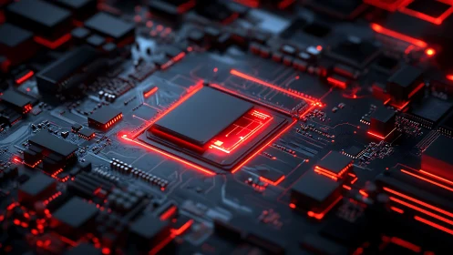 Glowing red circuit board celebrates the energy of computing