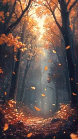 Autumn Forest Cathedral with Golden Falling Leaves.