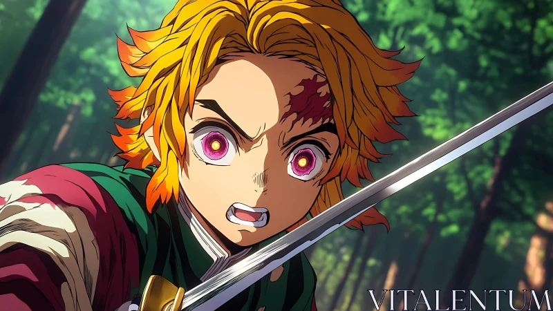 Intense anime swordsman captured in dynamic close combat framing